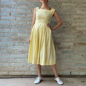 Vintage 50’s Dress Yellow Embossed Cotton Party Dress Fit Flare Midi Sundress XS